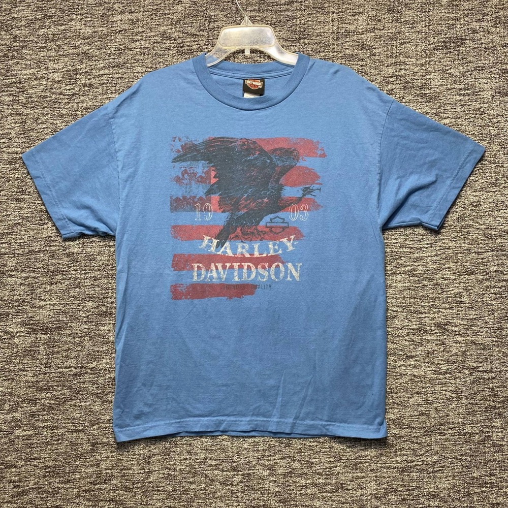 Harley Davidson T Shirt Mens Large Blue Eagle Flag Buckeye Dayton Ohio Graphic